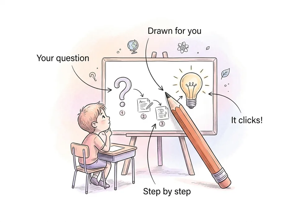 PenPal's idea, hand-drawn: a student's question is drawn step by step on a whiteboard until the lightbulb goes on